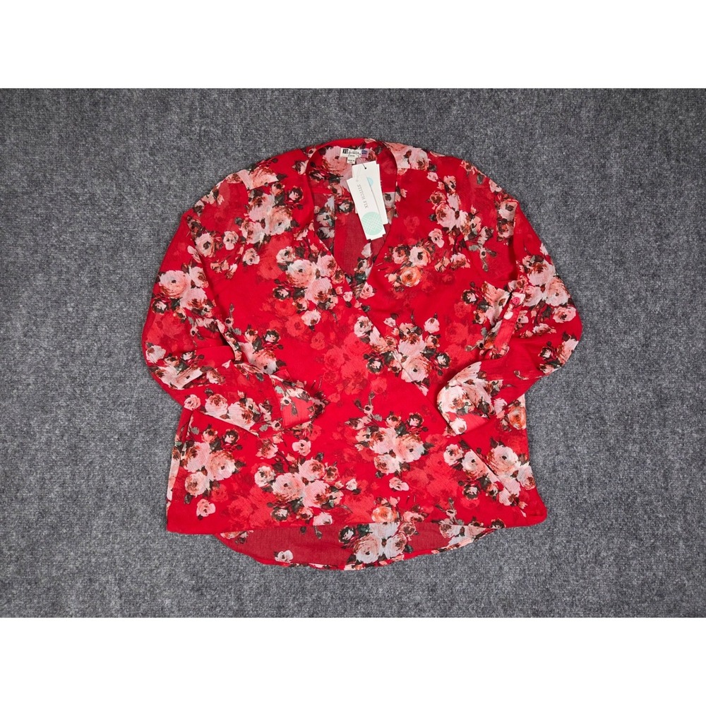 KUT from the Kloth Blouse Womens SP Red Floral Sheer Long Sleeve Made in USA